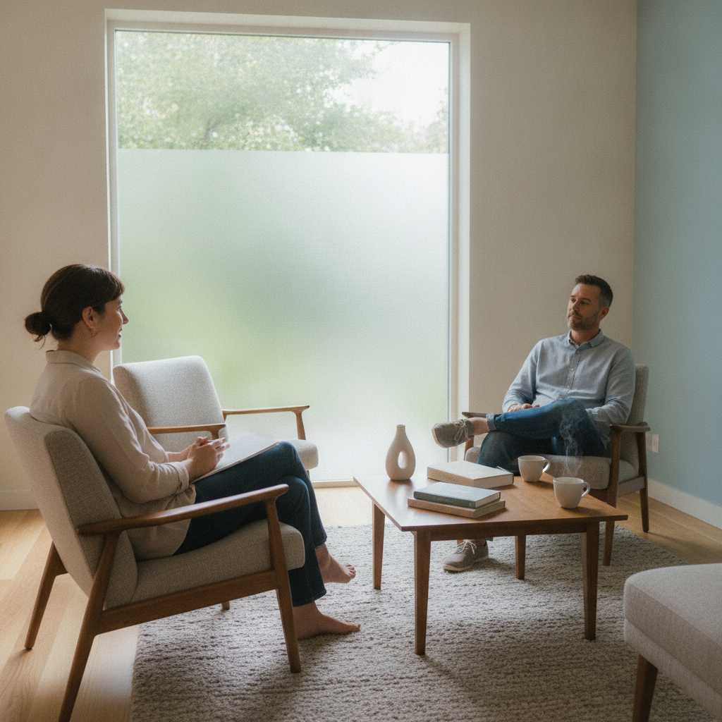 A calm, softly lit counselling space with two armchairs